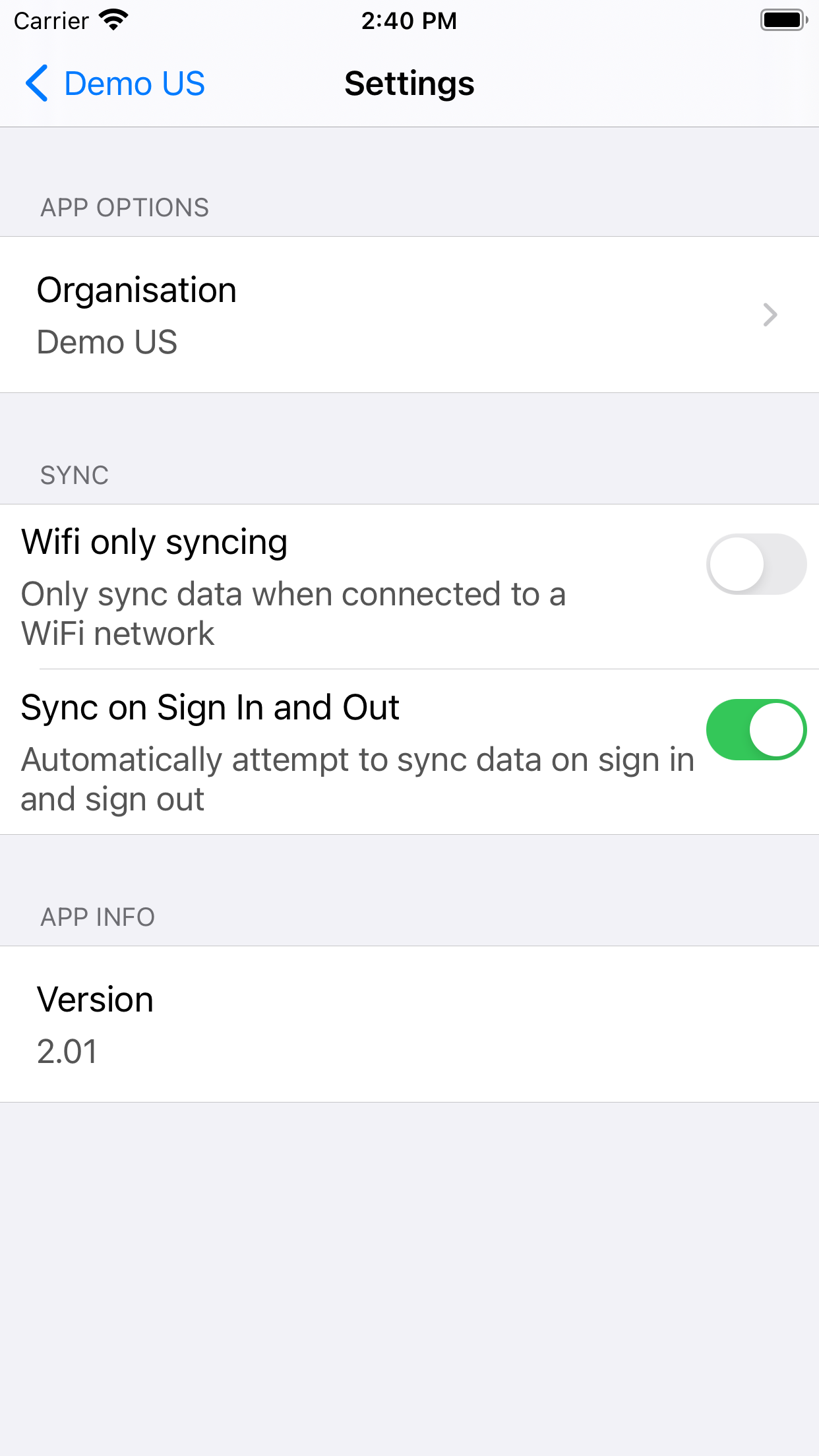 iOS App settings screen